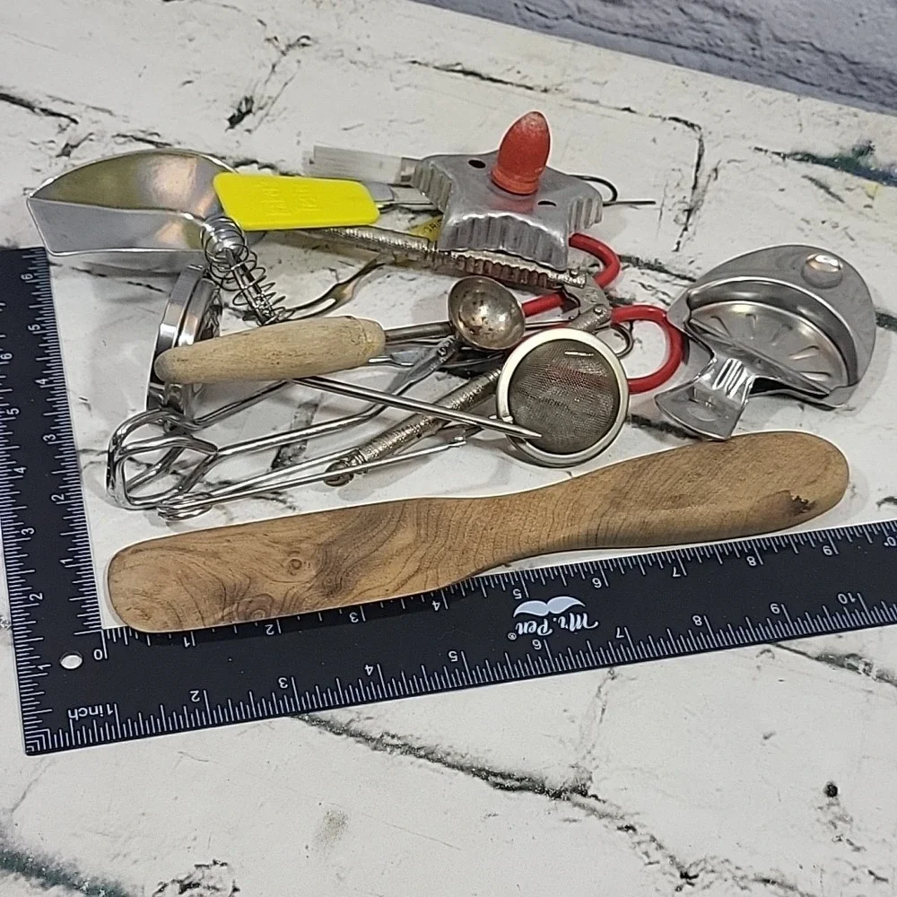 Vintage Kitchen Gadgets Random Lot Tea Strainer Scoop Melon Baller Tongs Cracker